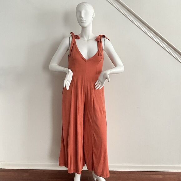 New FP Beach Alice Wide Flare Leg Jumpsuit One-piece Cinnamon Tie Shoulder XS - Picture 10 of 12